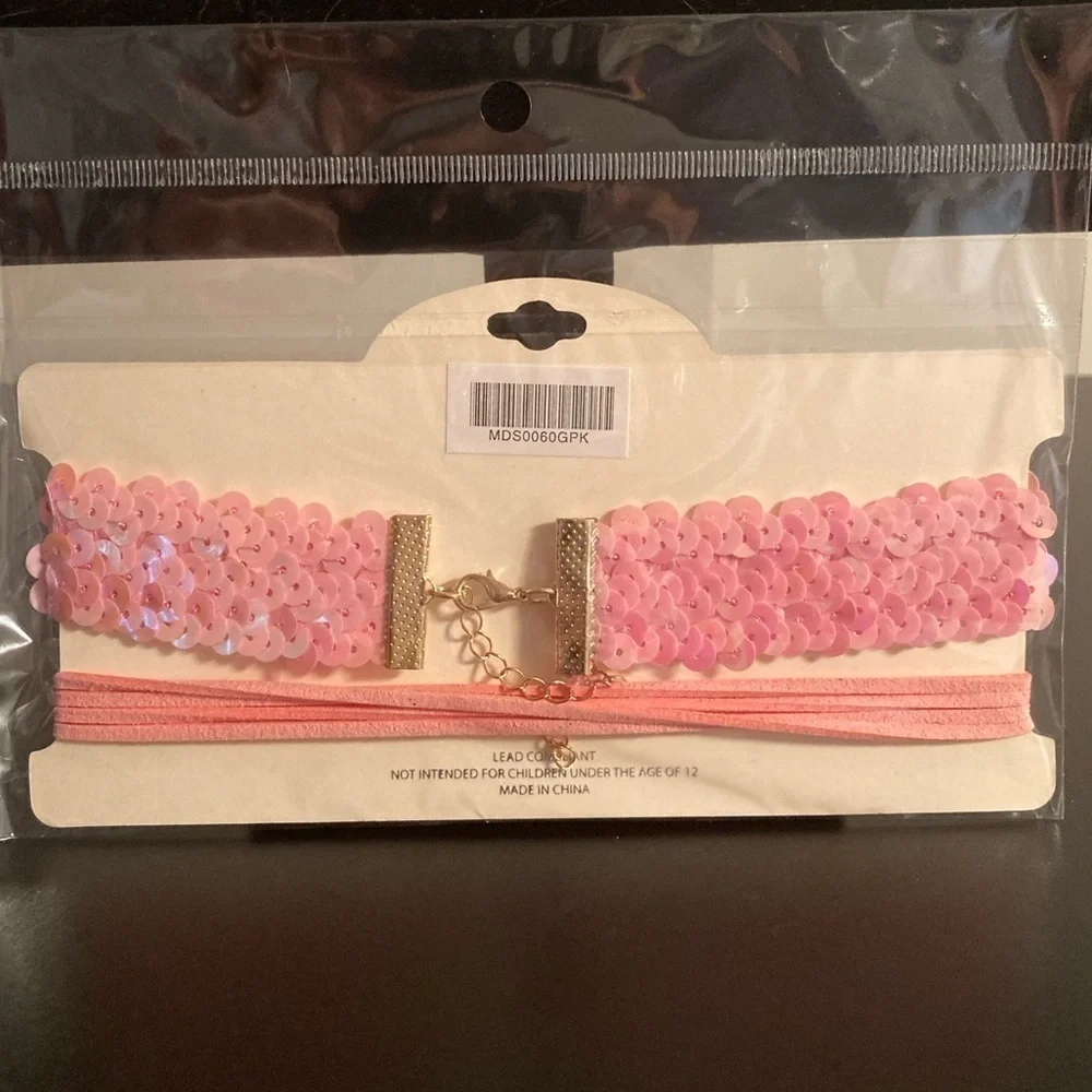 MIA Collection set of 2 Chokers. Pink sequins and pink bow